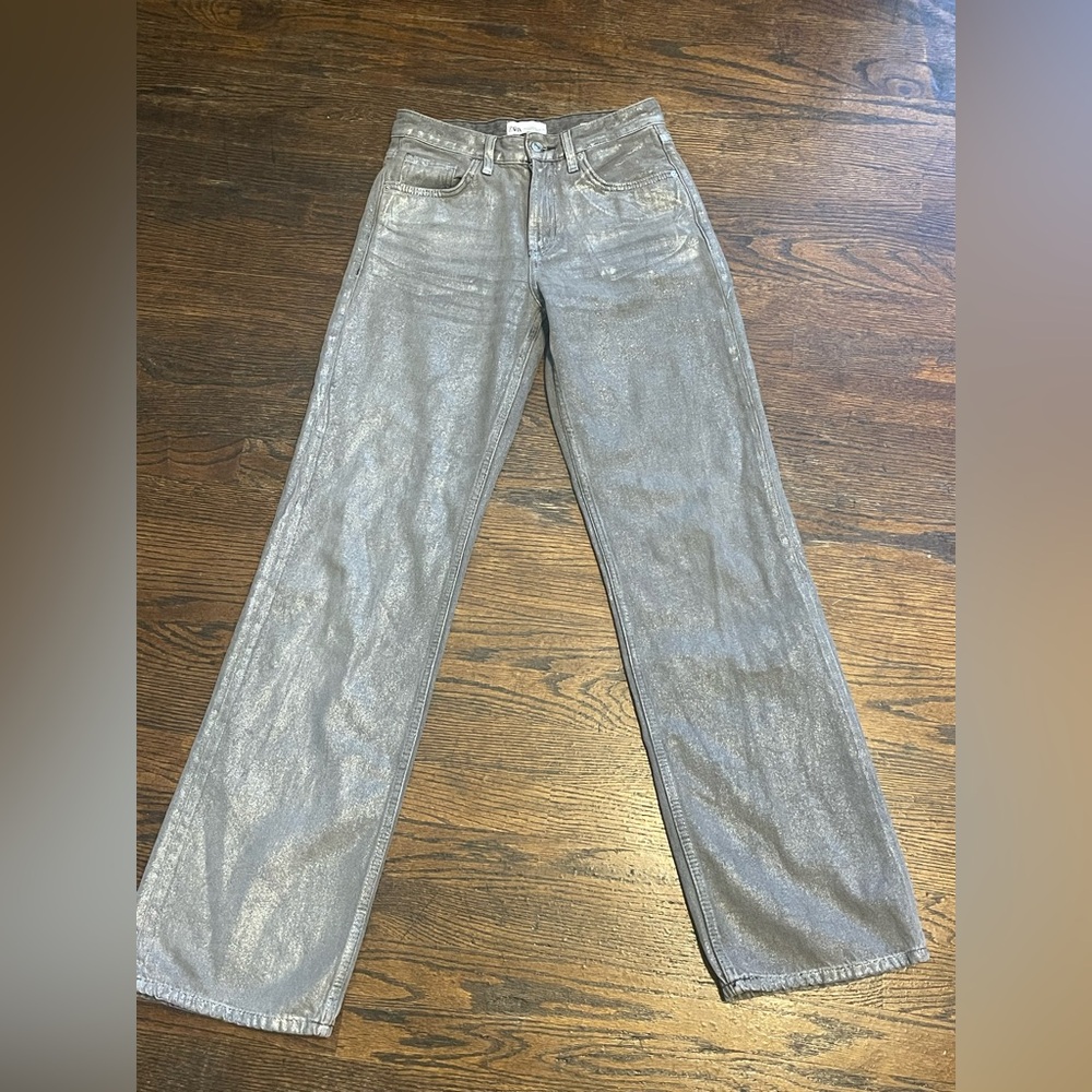 Zara Metallic Silver Straight-Leg Jeans women’s size 2 - Picture 4 of 12